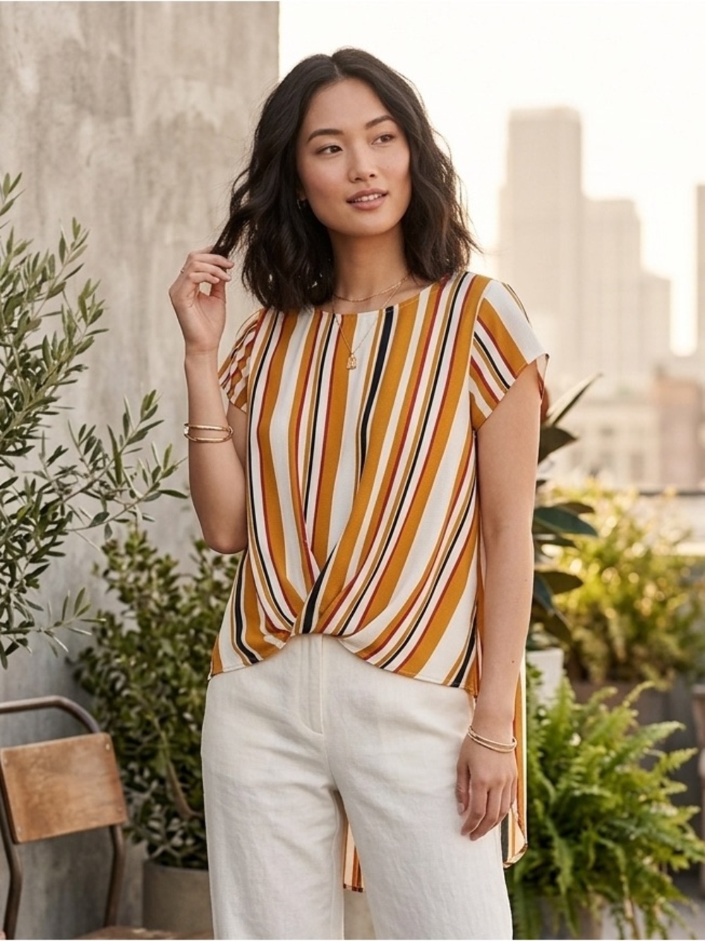 Allyhea Striped High Low Blouse Top Size Large Mustard White Navy Pink